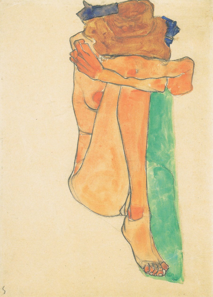 Weiblicher Akt mit grunem Polstern tekijältä Egon Schiele