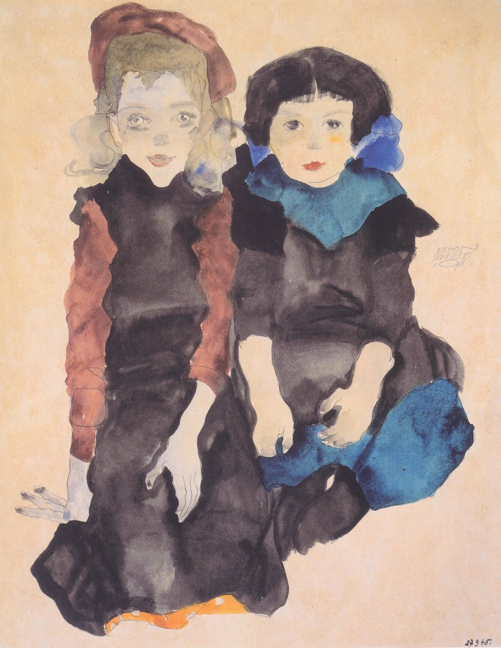 Zwei kauernde Madchen tekijältä Egon Schiele