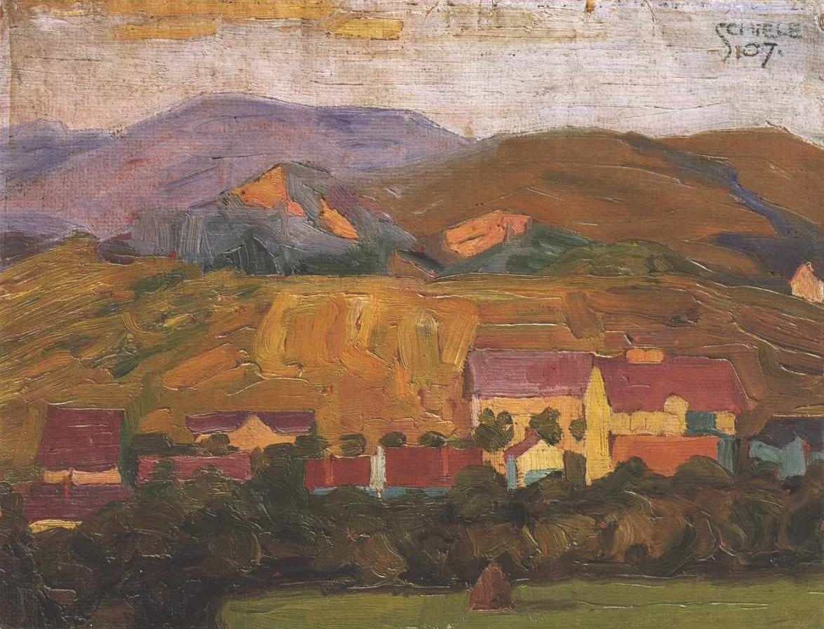 Dorf mit Bergen tekijältä Egon Schiele