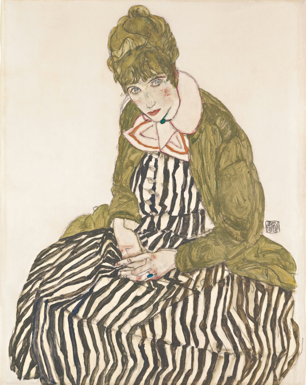 Edith raidallisella mekolla, istuu tekijältä Egon Schiele