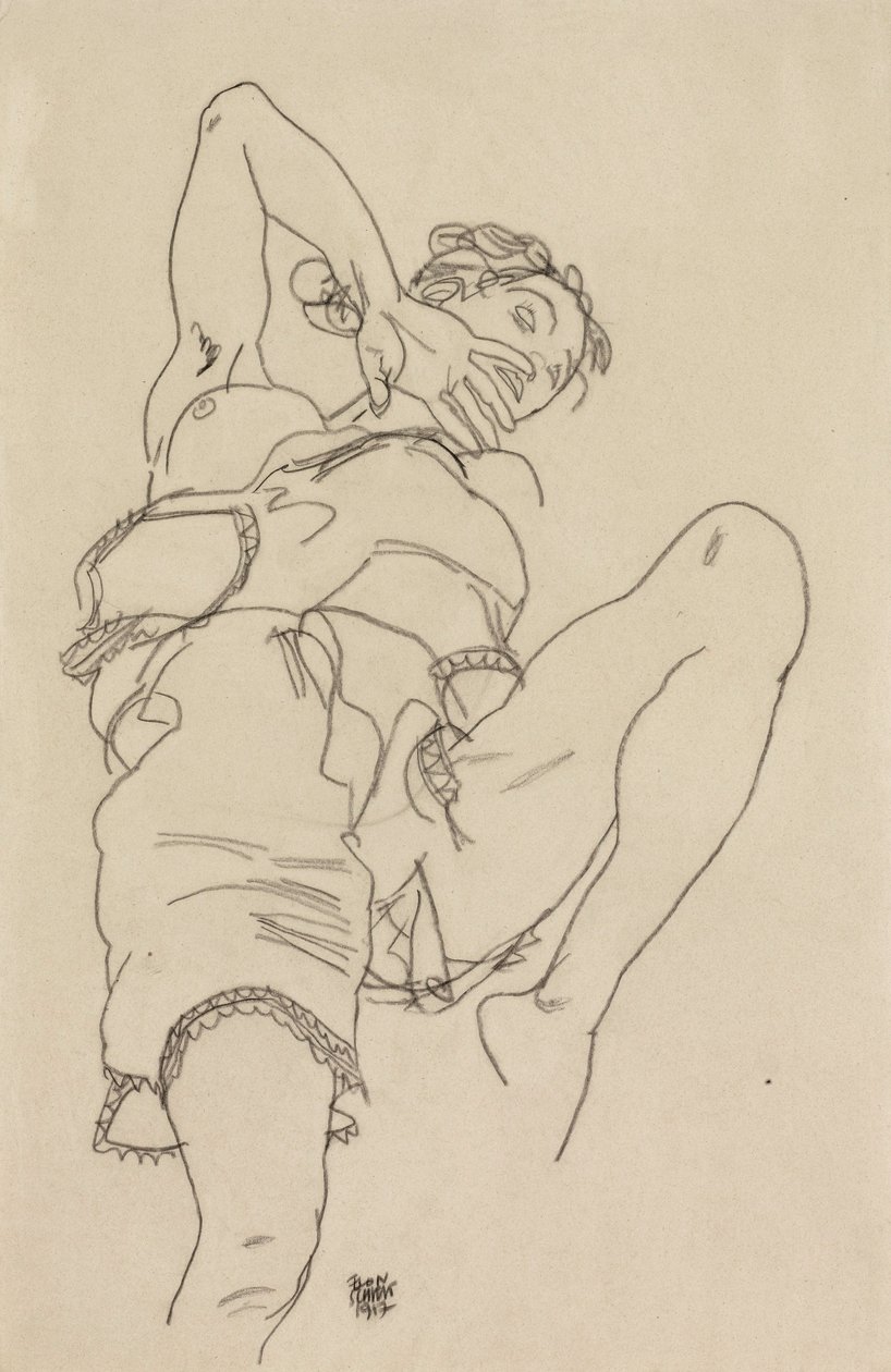 Frau kaupungissa Unterwäsche, sich rückwärts lehnend tekijältä Egon Schiele