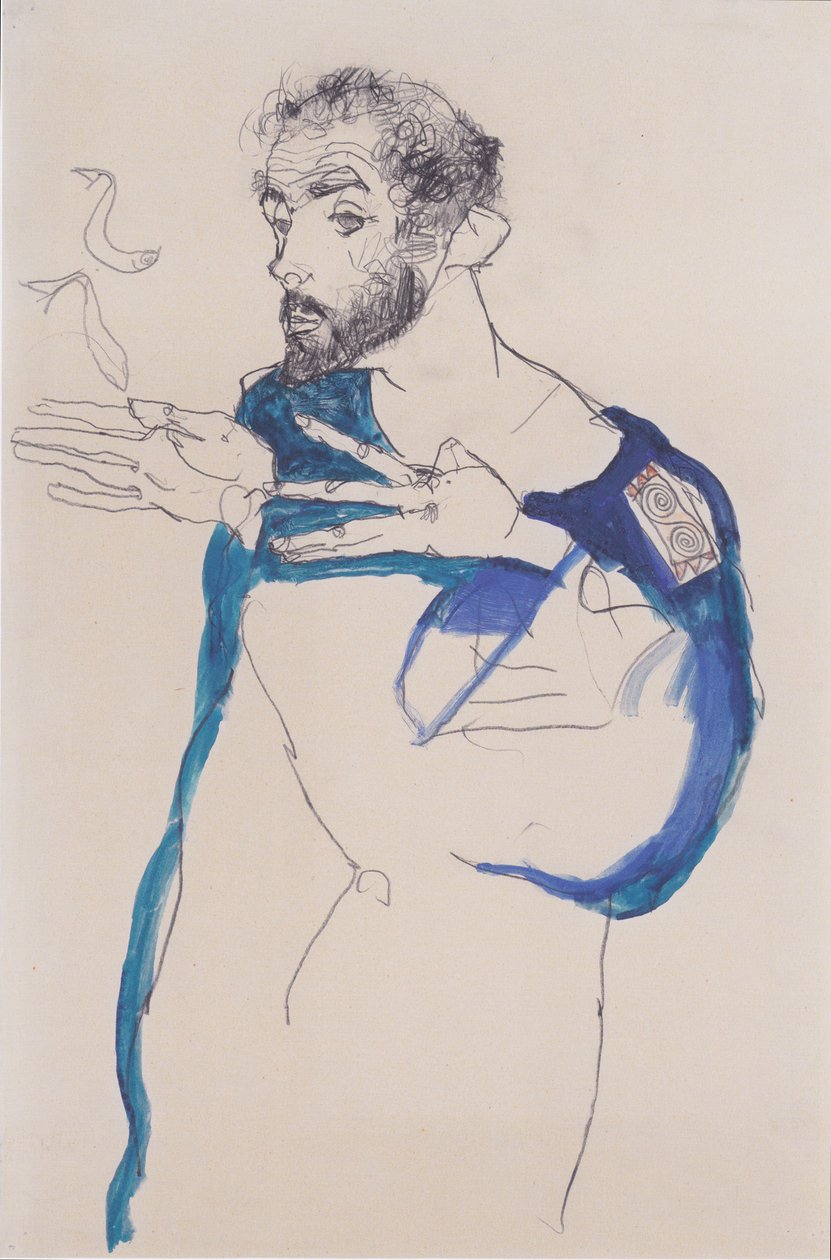 Gustav Klimt sinisessä maalarin puvussa tekijältä Egon Schiele