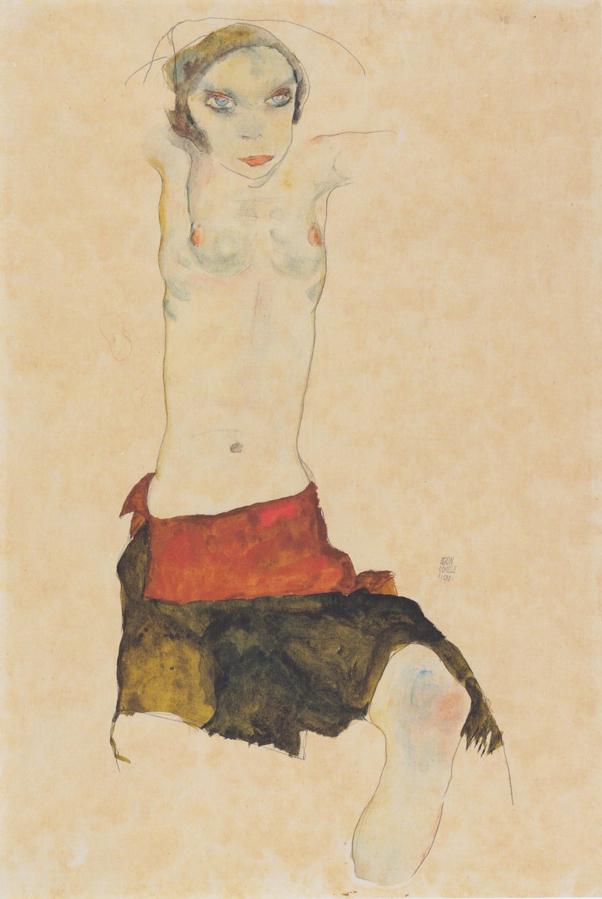Puolialasti istuva tyttö tekijältä Egon Schiele