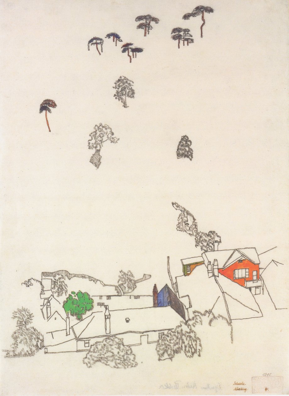 Taloja ja mäntyjä lähellä Mödlingiä tekijältä Egon Schiele