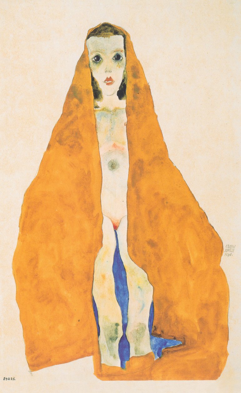 Nuori alaston tyttö okranvärisessä kankaassa tekijältä Egon Schiele