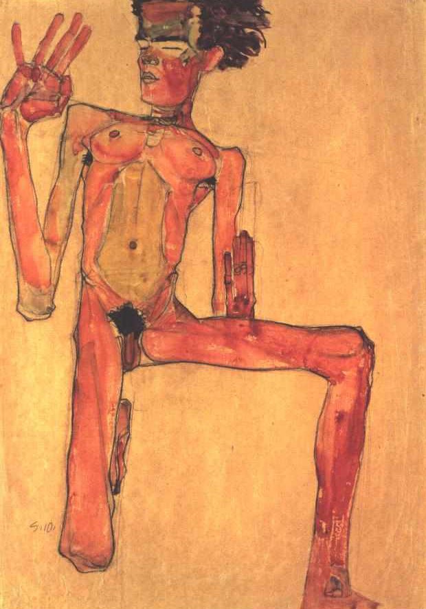 Knieender Selbstakt tekijältä Egon Schiele