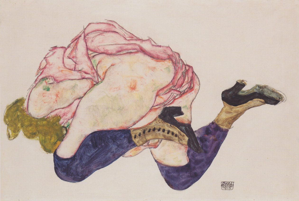 Polvillaan pää alas painettuna tekijältä Egon Schiele