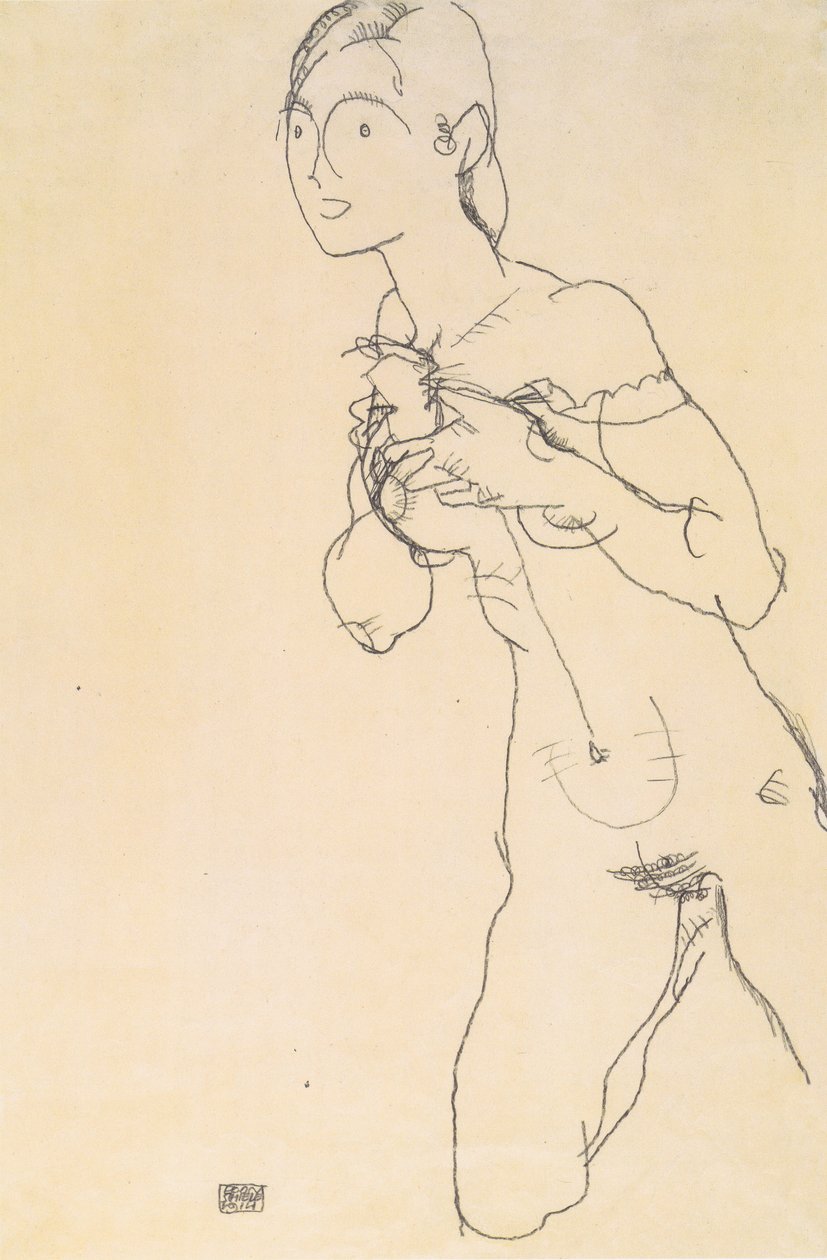 Polvillaan alaston tyttö tekijältä Egon Schiele