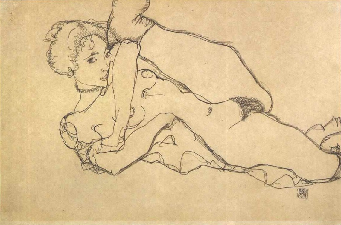 Liegender Akt mit angezogenen linken Bein tekijältä Egon Schiele