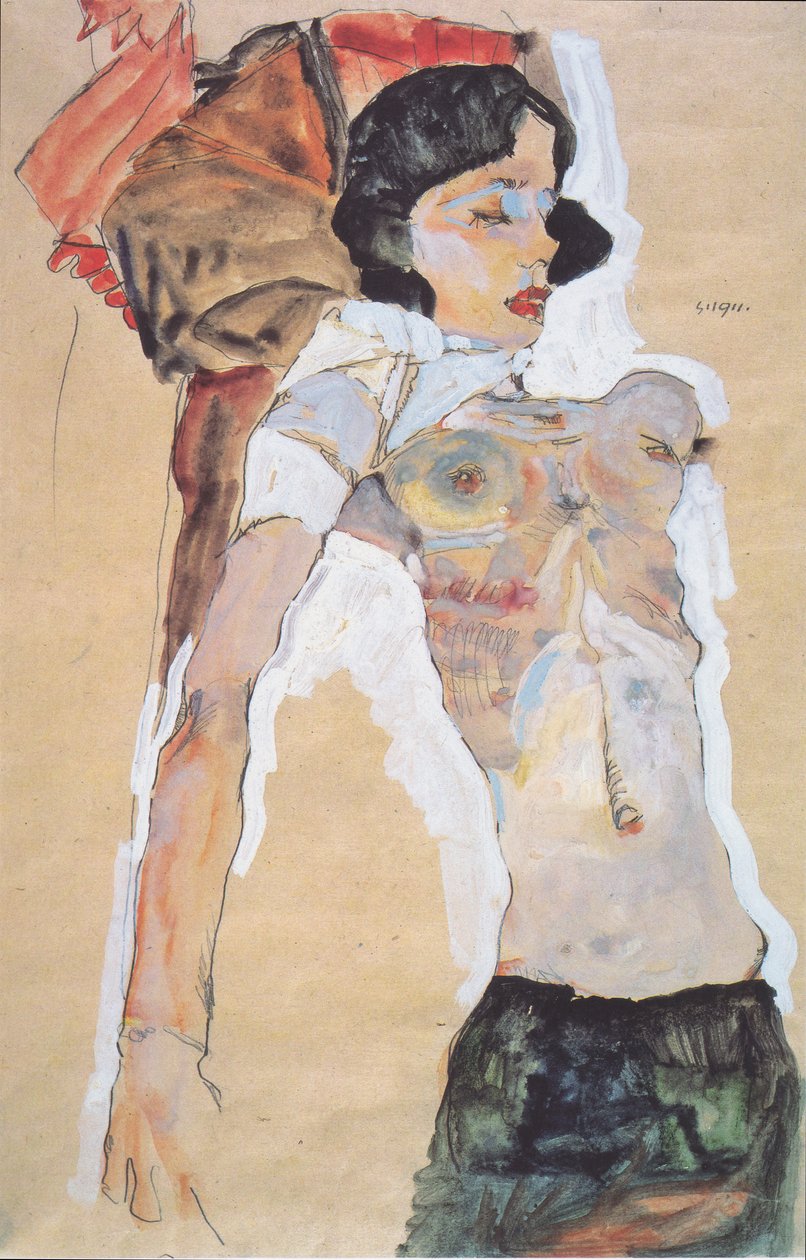 Valehteleva, puulla verhottu tyttö tekijältä Egon Schiele