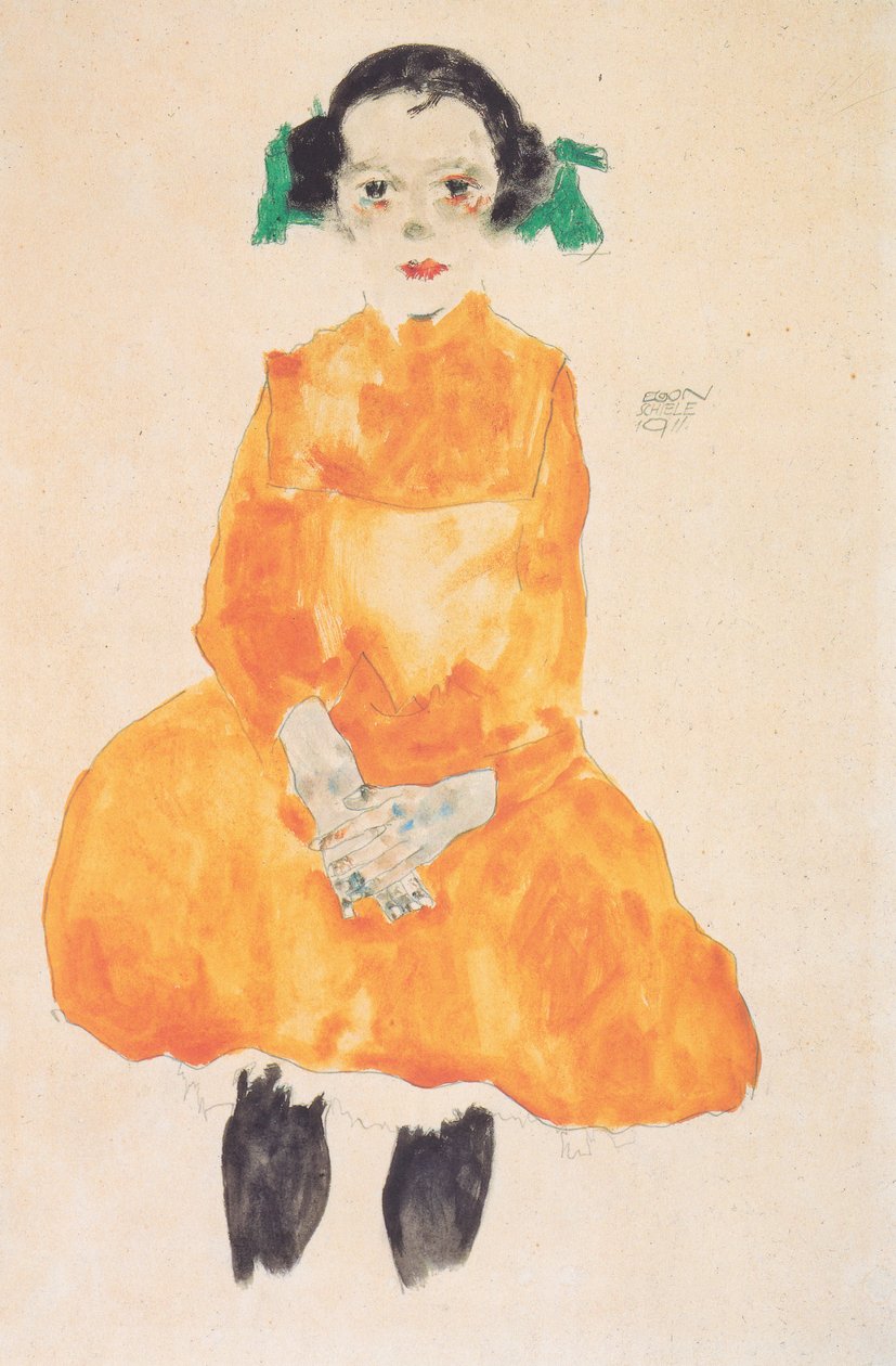 Tyttö keltaisessa okran mekossa tekijältä Egon Schiele