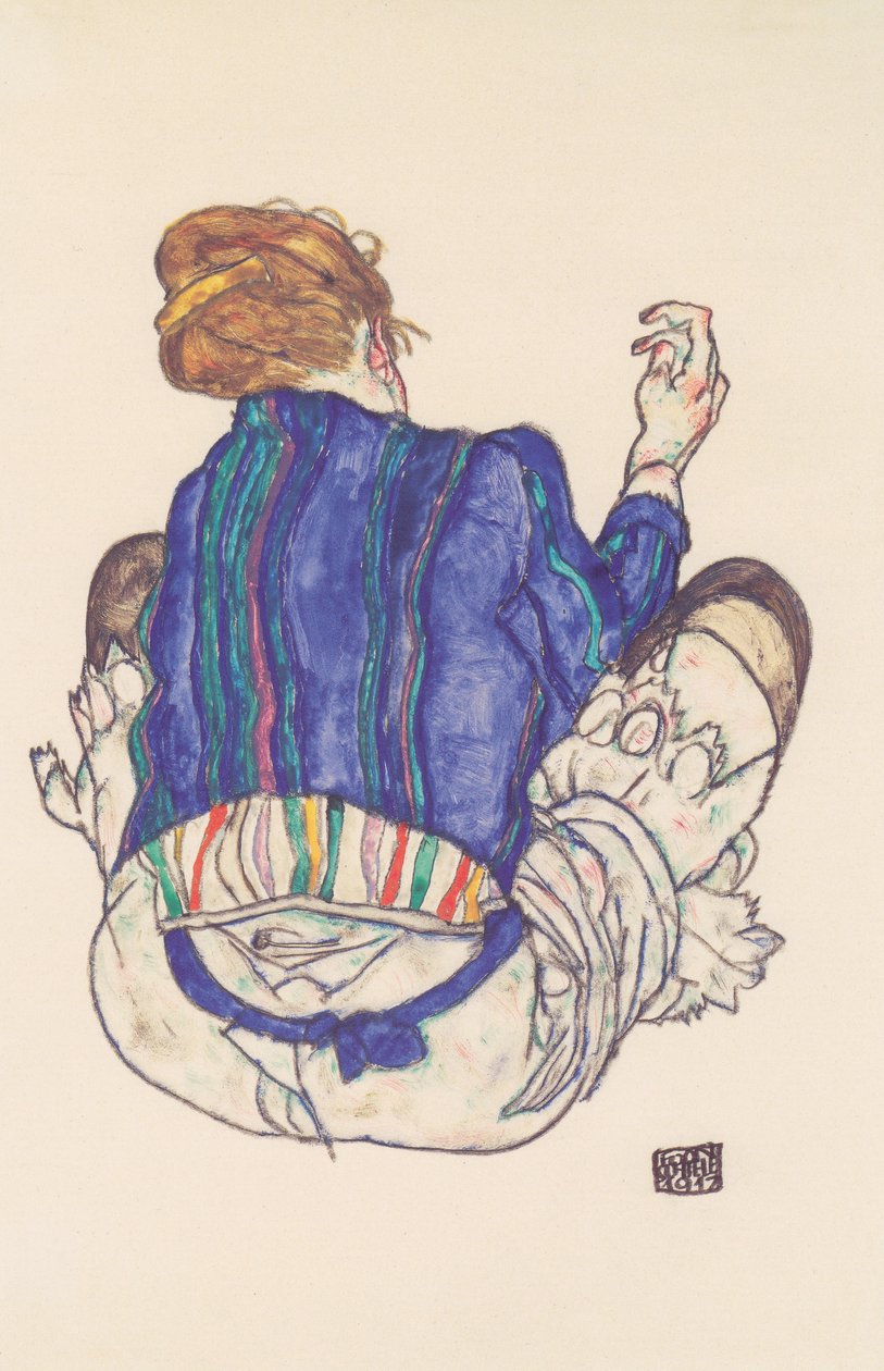 Istuvan naisen selkäkuva tekijältä Egon Schiele