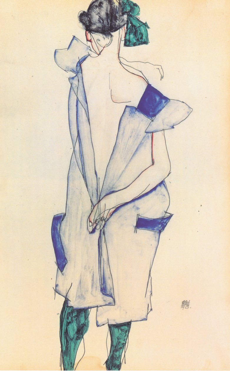 Tytön takanäkymä sinisessä hameessa tekijältä Egon Schiele