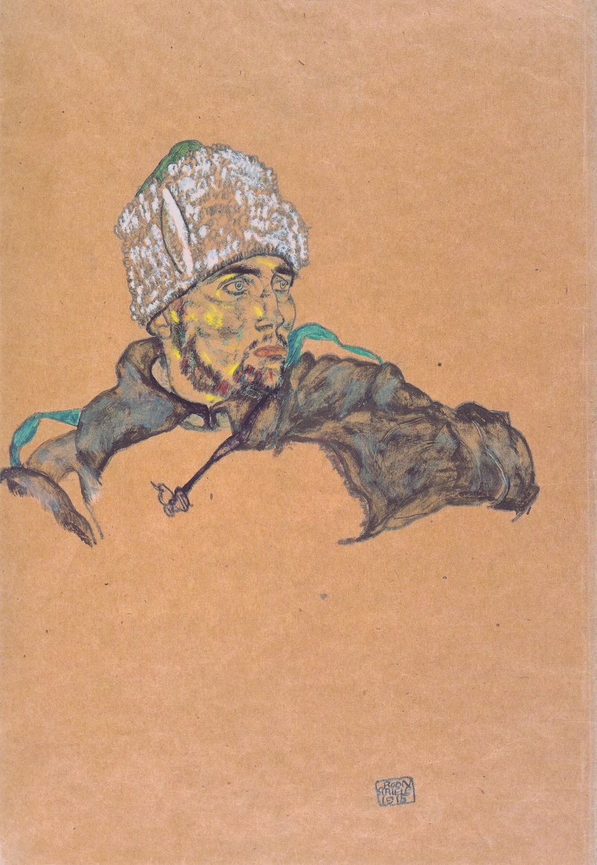 Venäläinen sotavanki turkislakki päässä tekijältä Egon Schiele