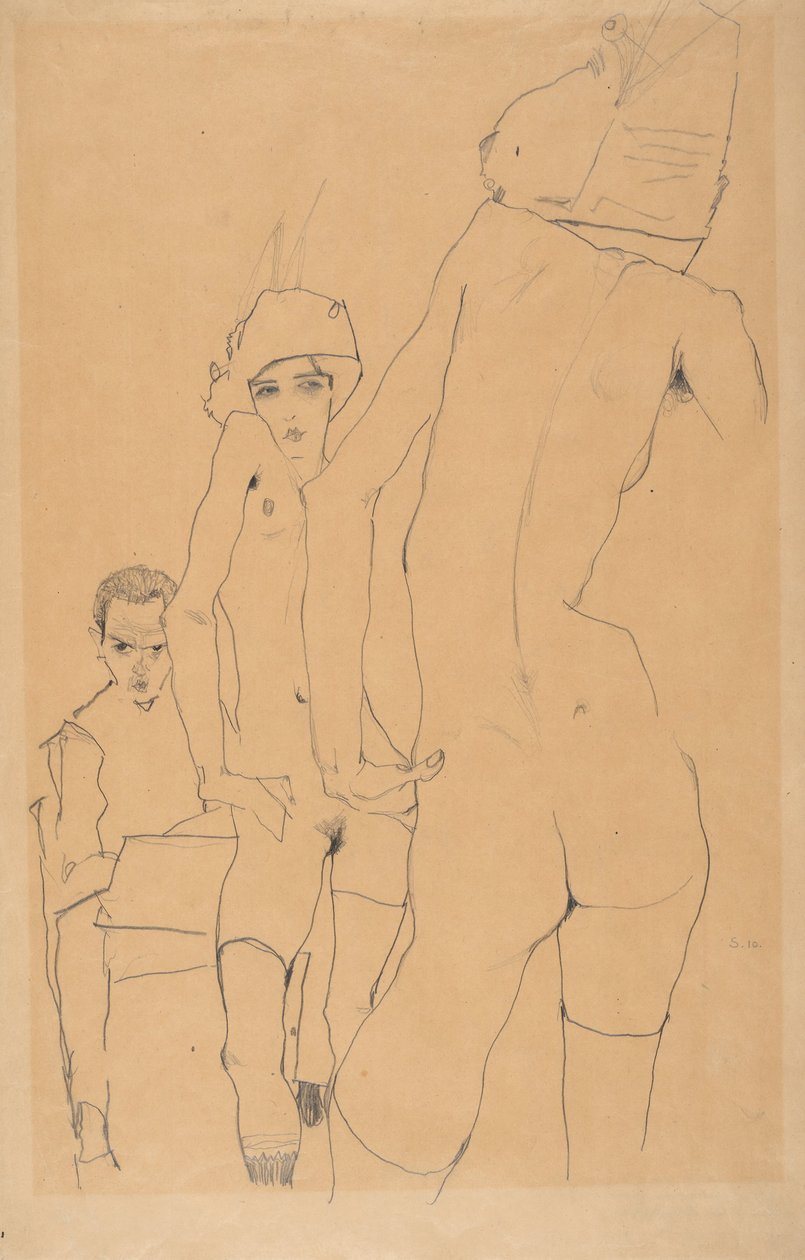 Schiele alaston mallin kanssa ennen peiliä, 1910 tekijältä Egon Schiele