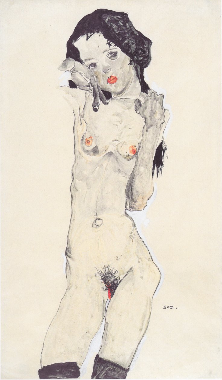 Musta tukka alaston tyttö tekijältä Egon Schiele