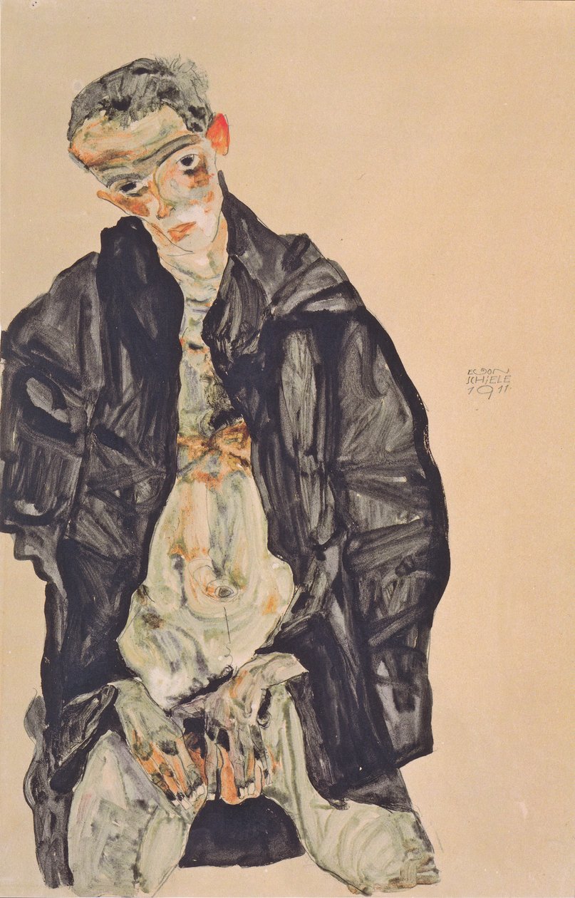 Omakuva puolinäytönä mustassa takissa tekijältä Egon Schiele