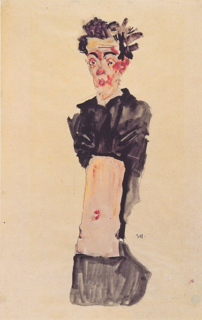 Omakuva paljaalla navalla tekijältä Egon Schiele