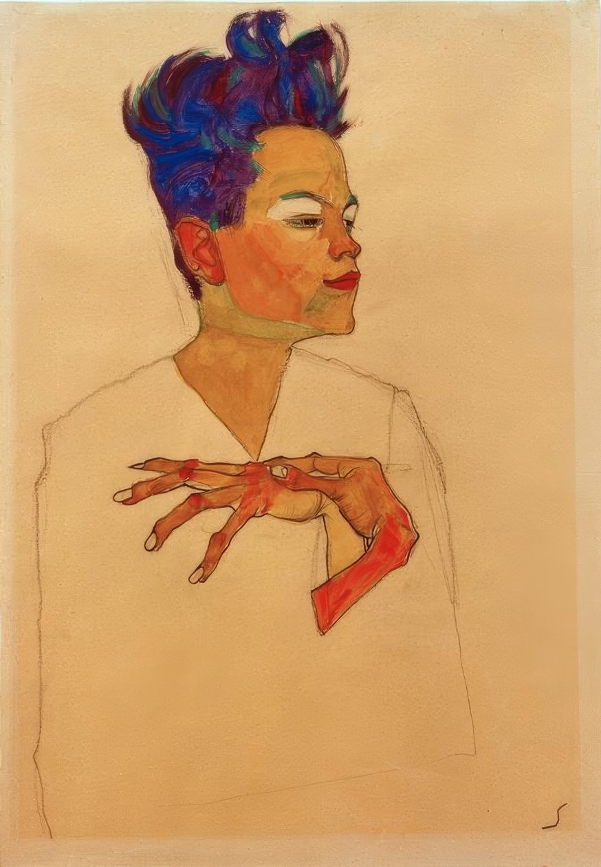 Selbstporträt mit an die Brust gelegten Händen tekijältä Egon Schiele