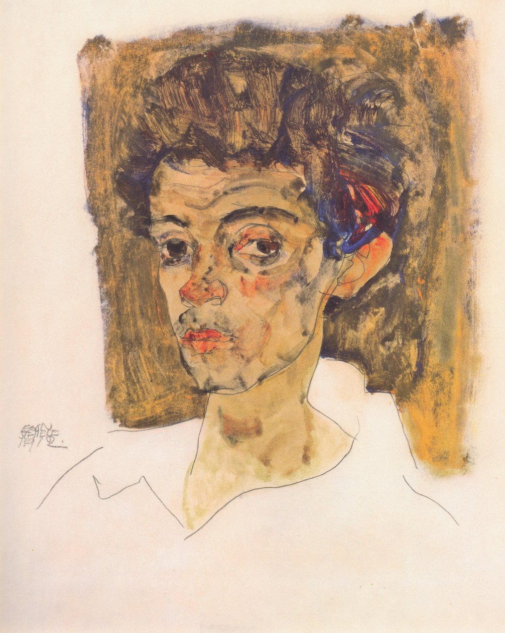 Omakuva ruskeaa taustaa vasten tekijältä Egon Schiele