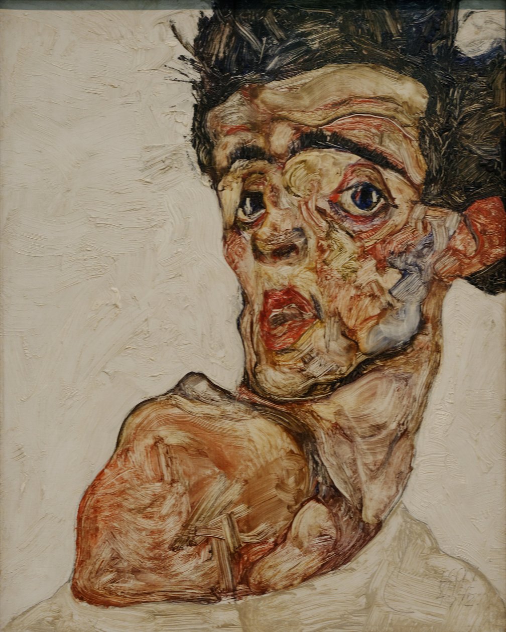 Omakuva, korotettu paljas olkapää tekijältä Egon Schiele