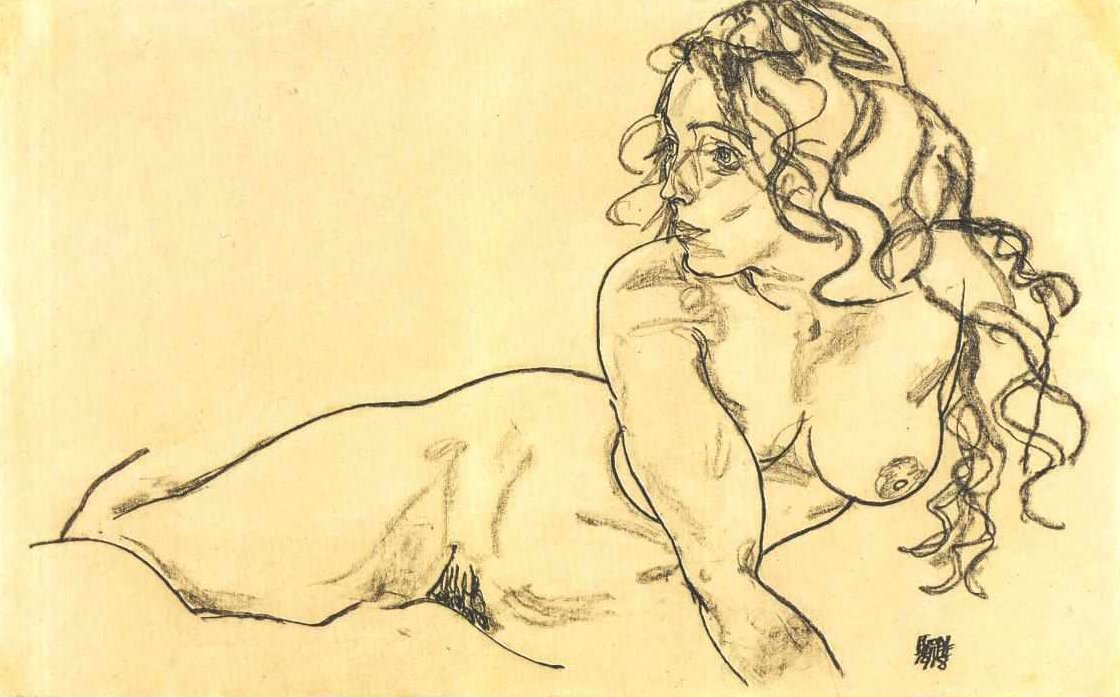 Sich aufstützender weiblicher Akt mit langem Haar tekijältä Egon Schiele
