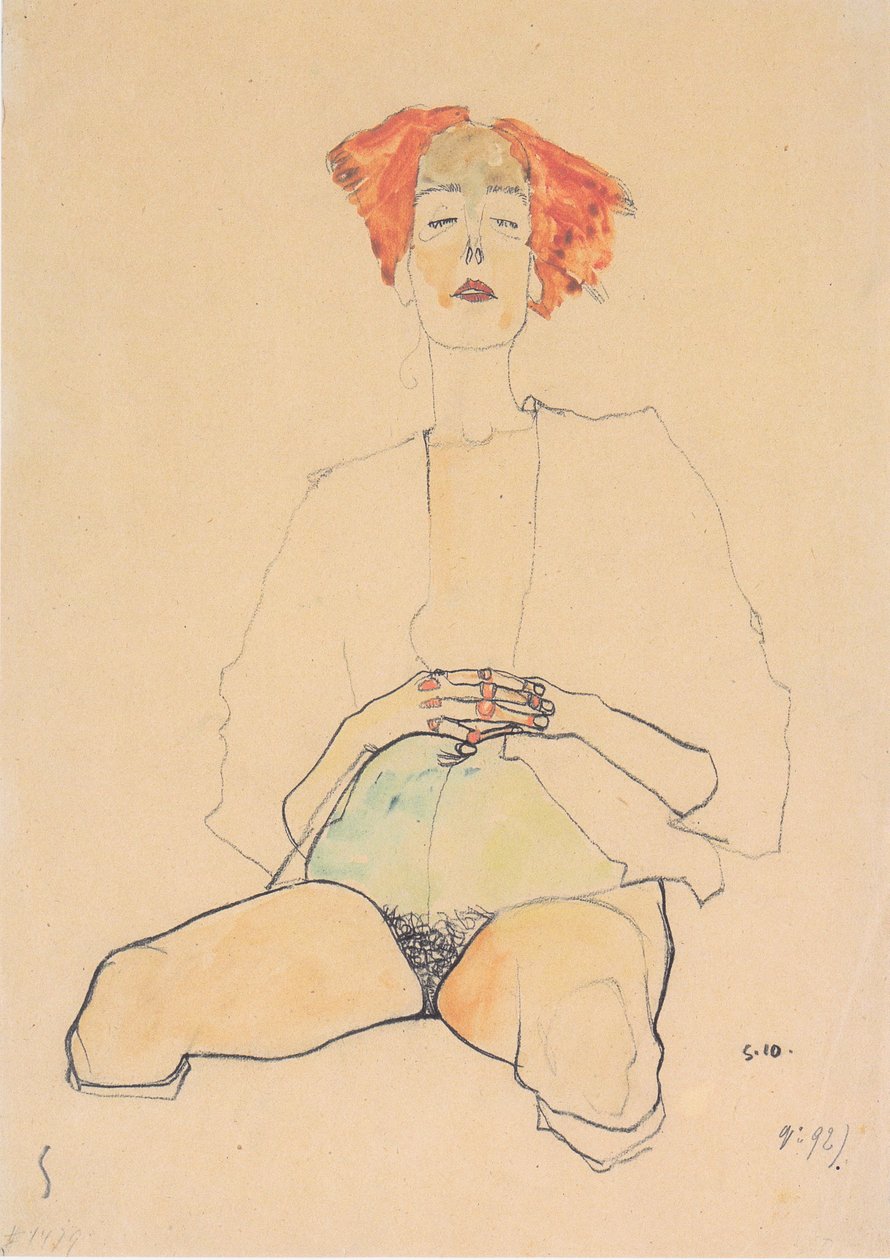 Istuu puoliksi alasti punaisilla hiuksilla tekijältä Egon Schiele