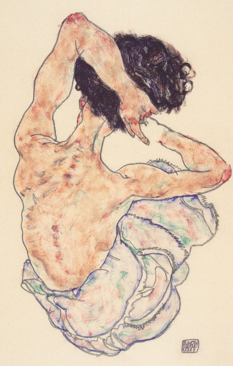 Istuu alasti selkänojalla tekijältä Egon Schiele