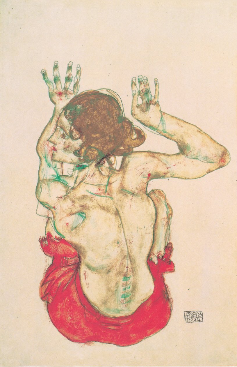 Istuva nainen alaston takaa ja punainen hame tekijältä Egon Schiele
