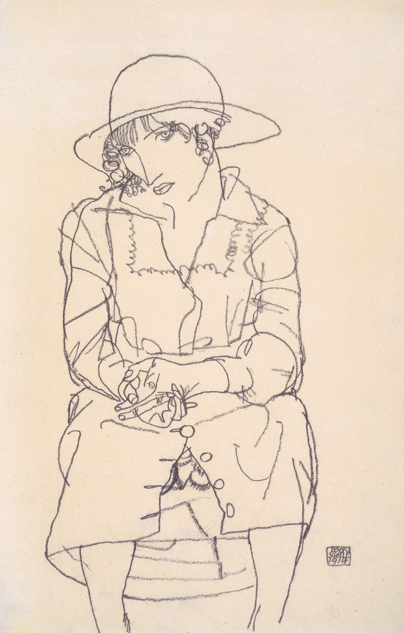 Istuva tyttö hatussa tekijältä Egon Schiele