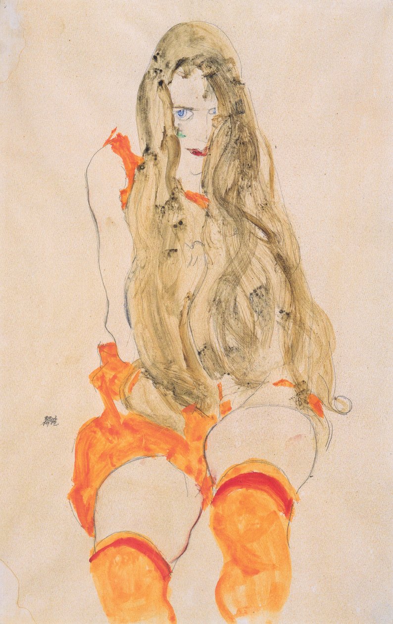 Istuva tyttö putoavilla hiuksilla tekijältä Egon Schiele