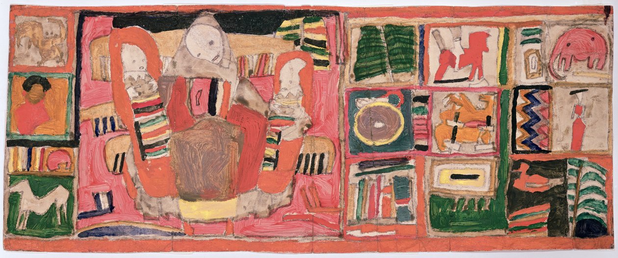 Luonnos kukkarolle, joka kuvaa äitiä kahden lapsen kanssa, n. 1915 (öljy paperille) tekijältä Egon Schiele