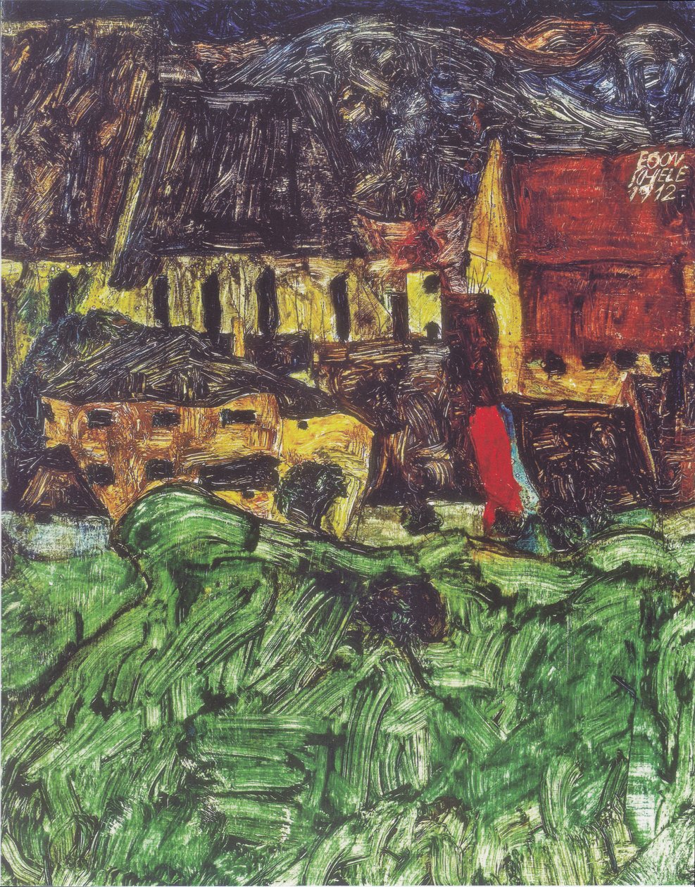 Kaupunkikuva Krumausta (Pyhän Vituksen kirkko ja talot) tekijältä Egon Schiele