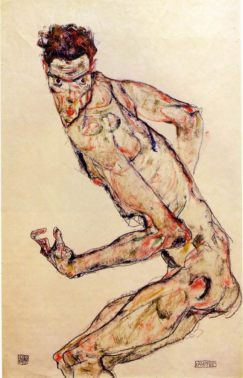 Taistelija, 1913 (guassi ja kynä paperille) tekijältä Egon Schiele