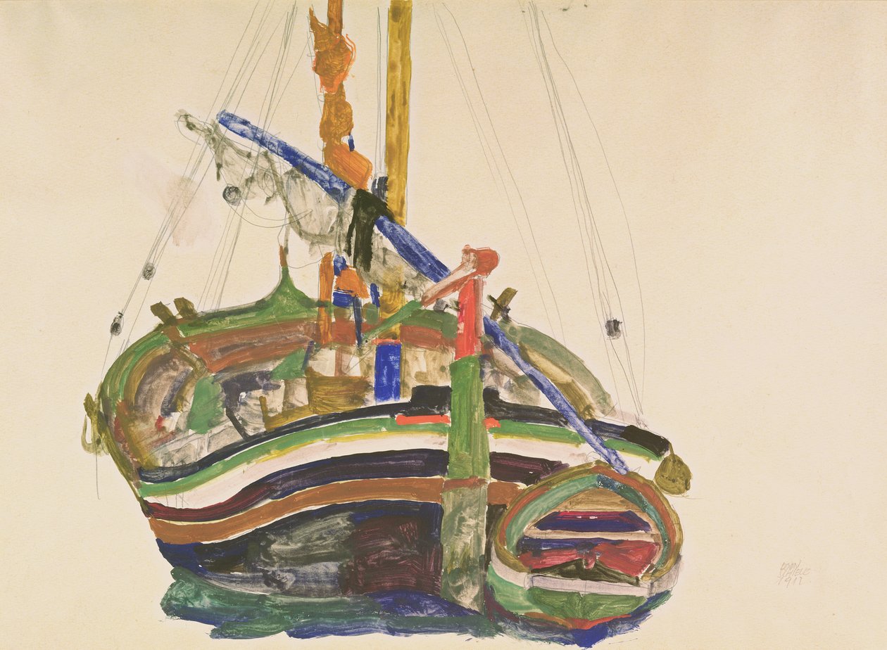 Trieste Fishing Boat, 1912 (lyijykynä, wc ja guassi Strathmore Japan -paperilla) tekijältä Egon Schiele