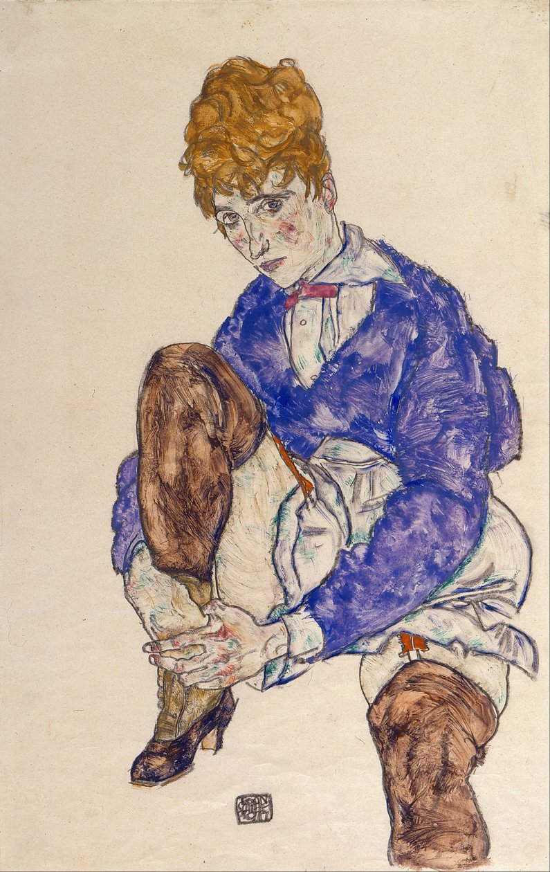 Muotokuva taiteilijoiden vaimosta istuen pitäen oikeasta jalasta kiinni tekijältä Egon Schiele
