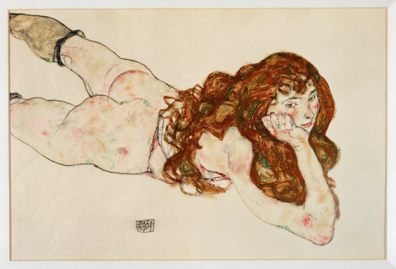 Naisen alastonkuva makaa vatsallaan - Nude on her ... (guassi ja musta väriliitu) tekijältä Egon Schiele