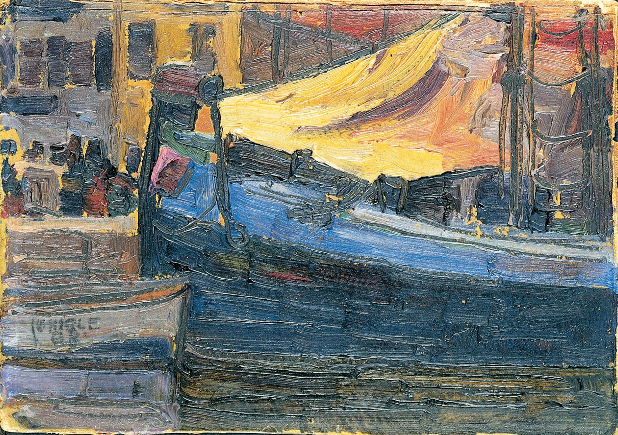 Ankkuroituja veneitä talon seinällä taustalla, 1908 tekijältä Egon Schiele