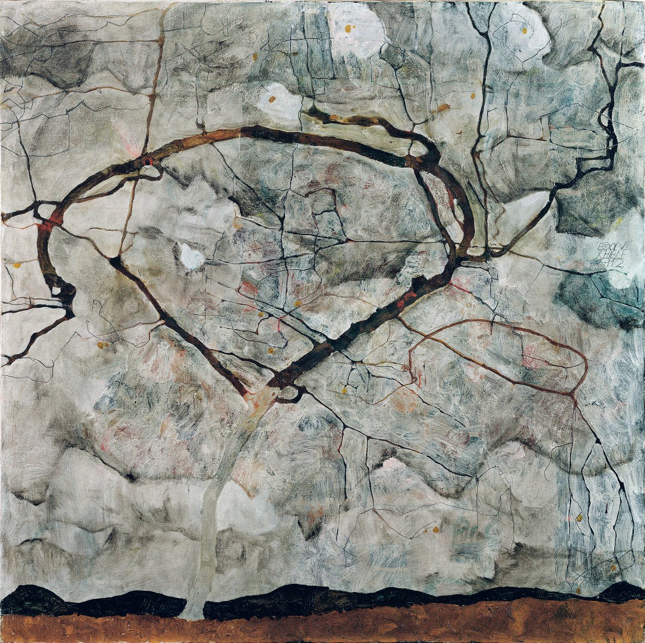 Syksyinen puu myrskyisässä ilmassa. Egon Schielen (1790-1918) maalaus öljy kankaalle tekijältä Egon Schiele
