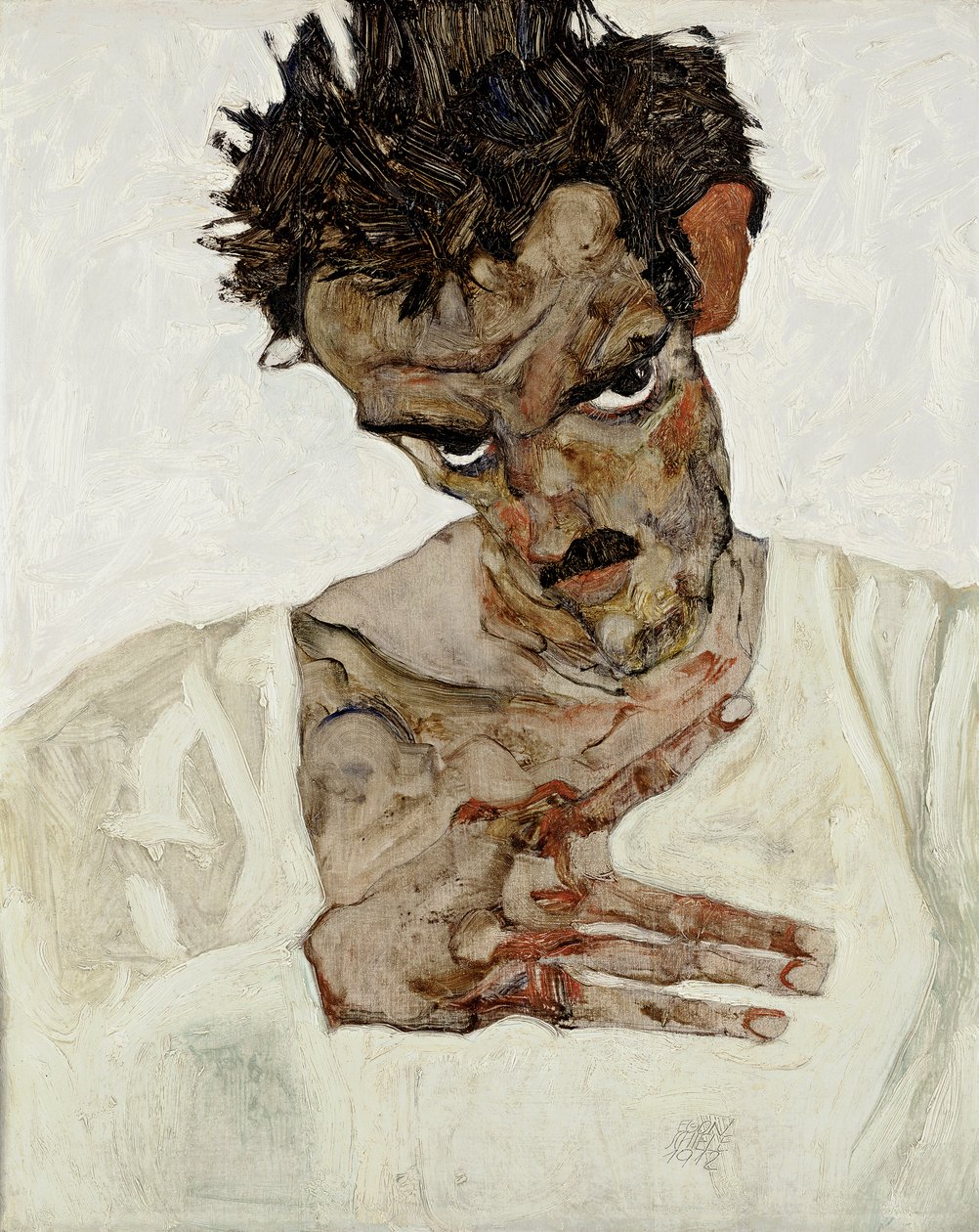 Omakuva, jossa pää alas. Egon Schielen (1890-1918) maalaus, öljy puulle tekijältä Egon Schiele
