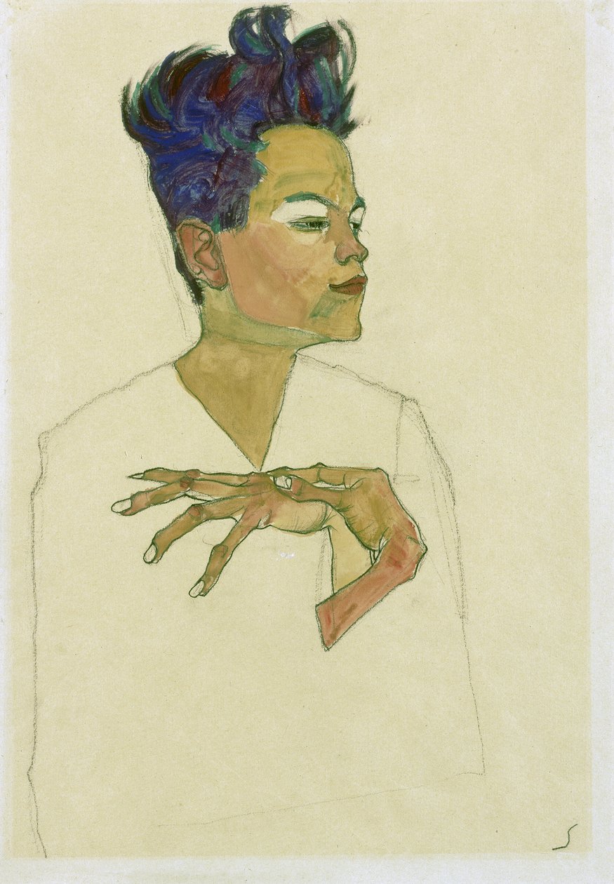Omakuva kädet rinnassa. (Omakuva, jossa kädet rinnassa). Egon Schielen (1890-1918) työ, akvarelli ja liitu paperille tekijältä Egon Schiele