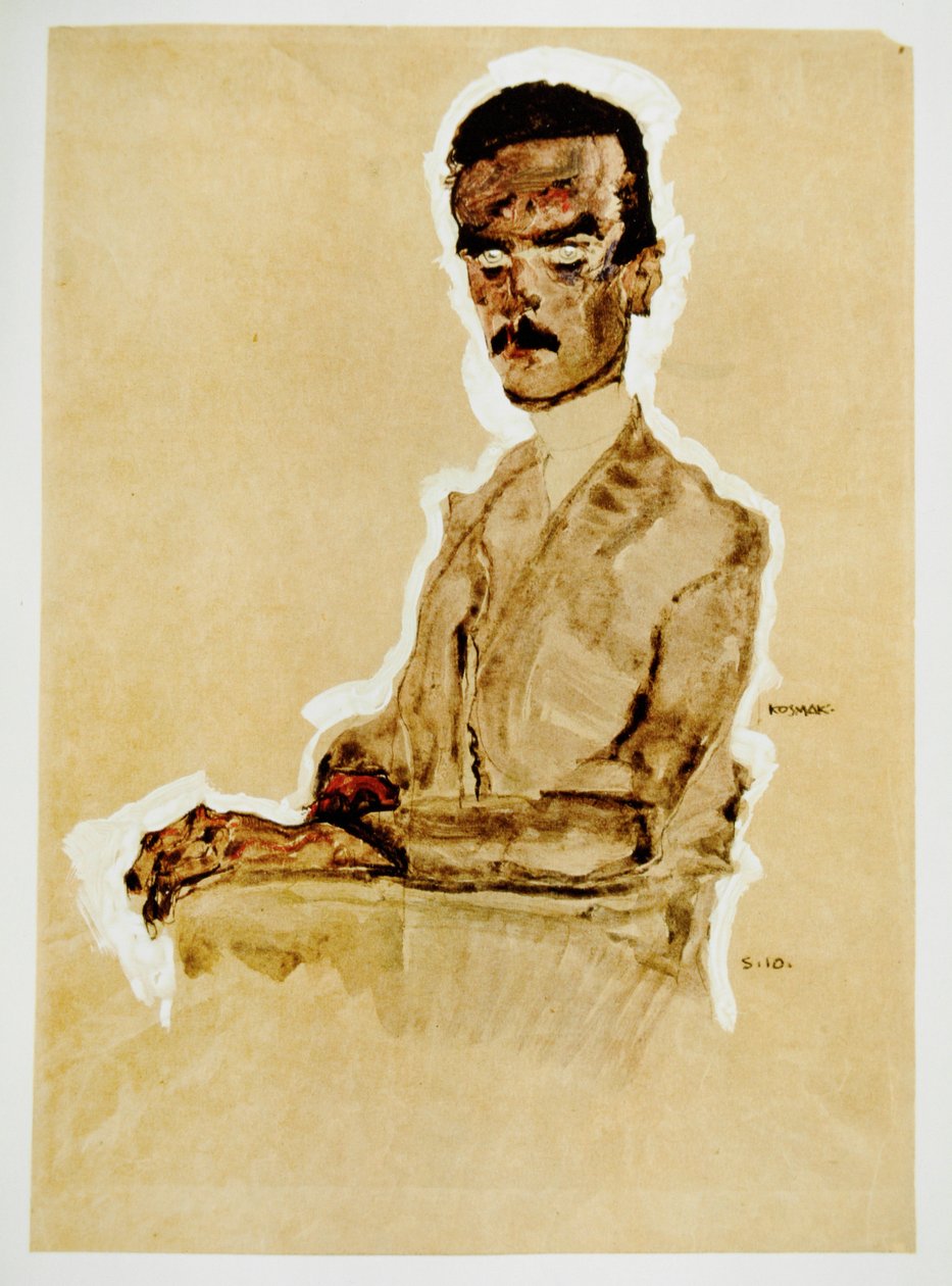 Bildnis Eduard Kosmack, sitzend -Portrait of Eduard ... (guassi, akvarelli ja musta väriliitu, valkoisella korotuksella) tekijältä Egon Schiele