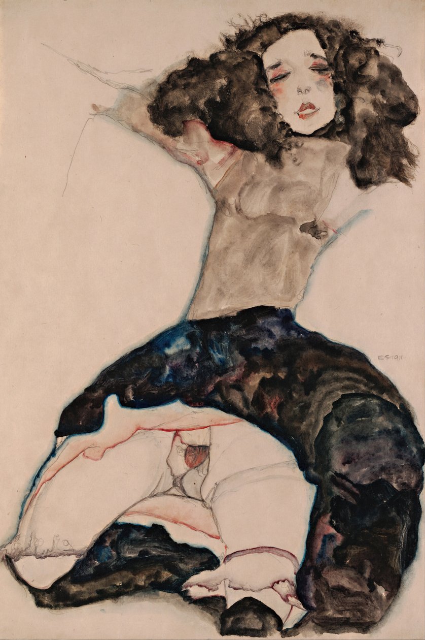 Mustatukkainen tyttö kohohameella, 1911 tekijältä Egon Schiele