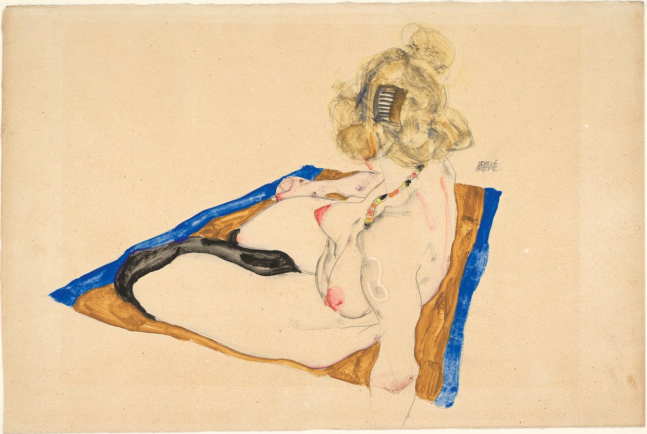 Blondi alaston ruskealla matolla, jossa on sininen reunus, 1912. tekijältä Egon Schiele