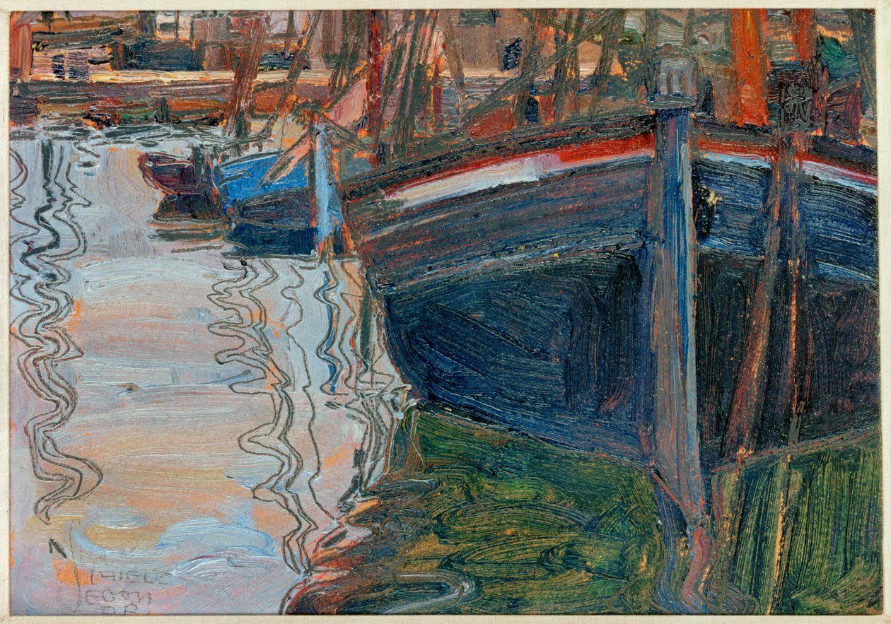 Boats, sich im Wasser spiegelnd [Boats mrrored in the ... tekijältä Egon Schiele