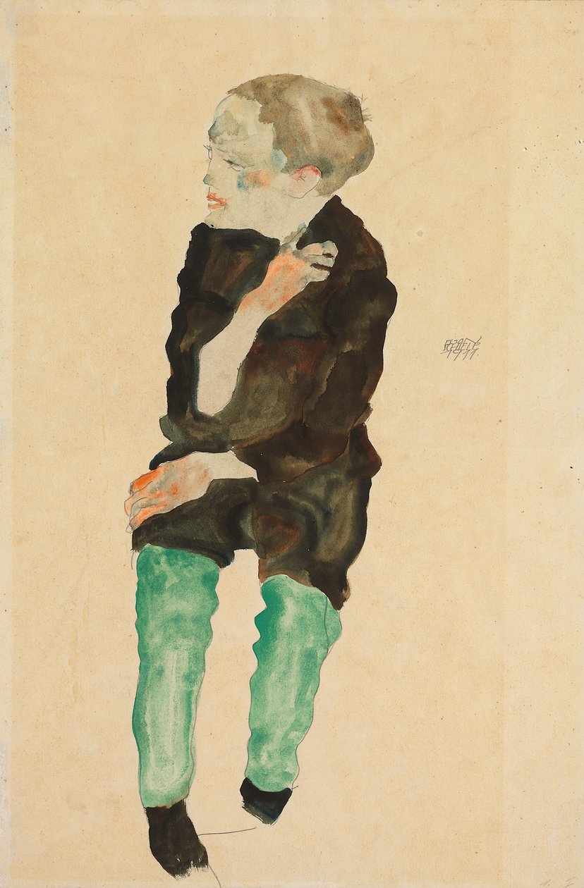 Poika vihreät sukat; Bub mit grunen Strumpfen, 1911 tekijältä Egon Schiele