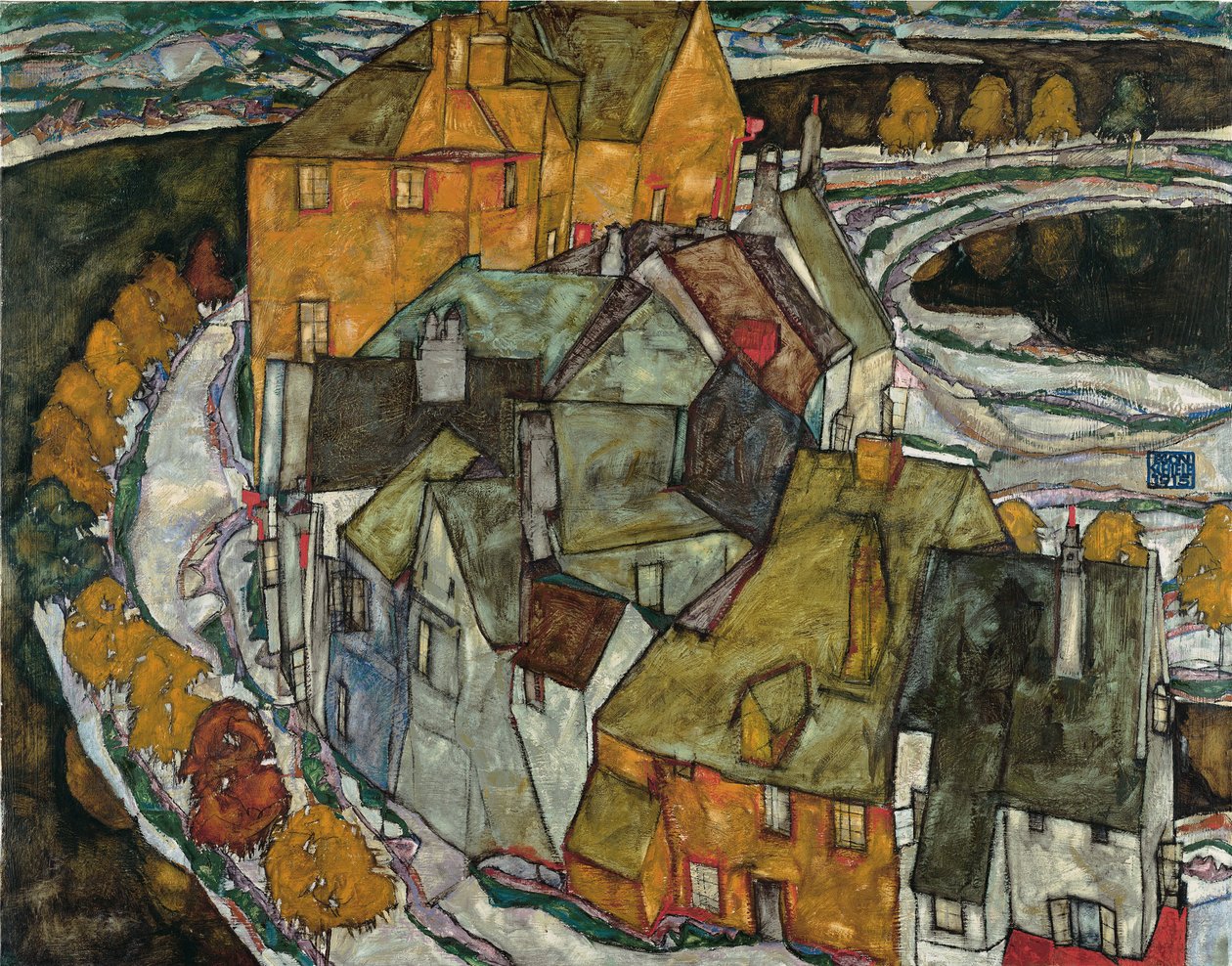 Crescent of Houses II Island Town, 1915 tekijältä Egon Schiele