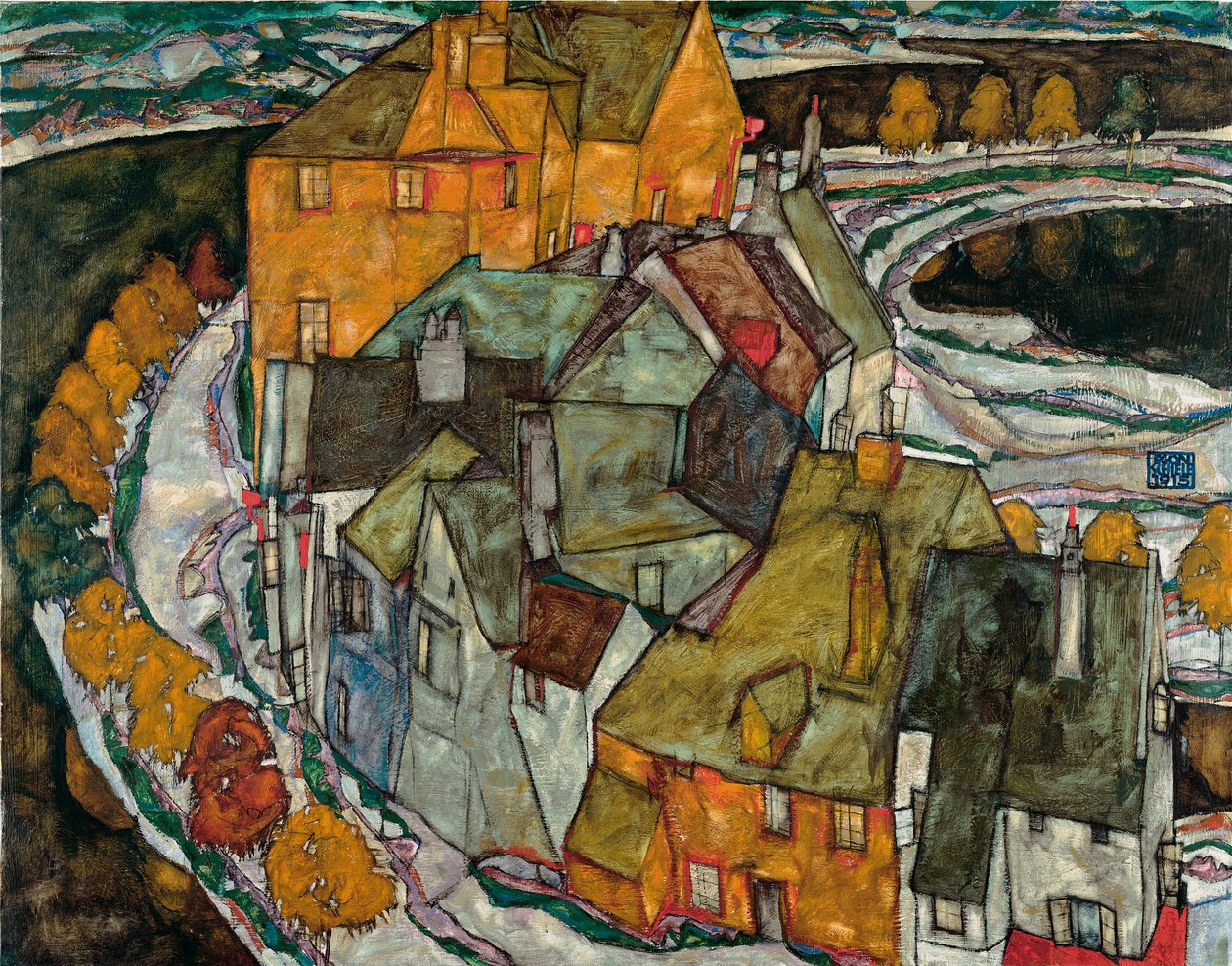 Talojen puolikuu II (saarikaupunki) - Egon Schielen (1890-1918) maalaus, öljy kankaalle tekijältä Egon Schiele