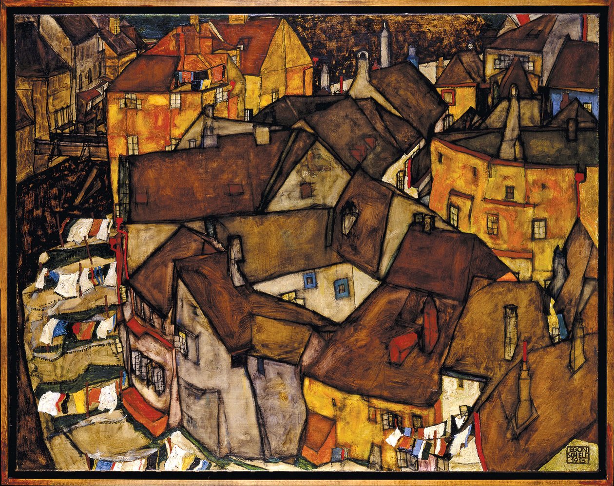 Croissant de maisons, Krumau (actuelle Cesky Krumlov, Tchecoslovaquie) - Crescent of Houses, Krumau (Pieni kaupunki V), kirjoittanut Schiele, Egon (1890-1918). Öljy kankaalle tekijältä Egon Schiele