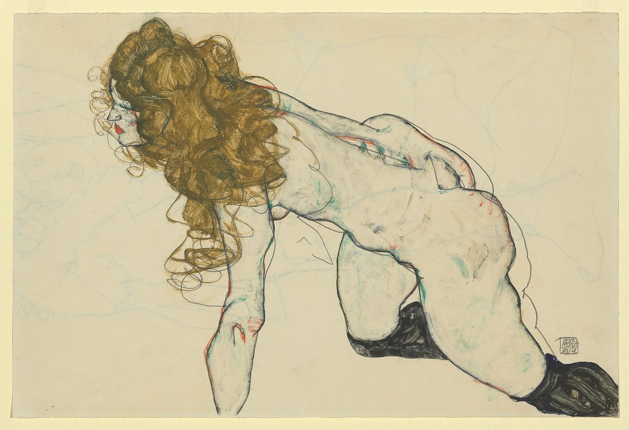 Hiipivä nainen, vaaleat hiukset ja lepäävä vasen käsi (suora) tekijältä Egon Schiele